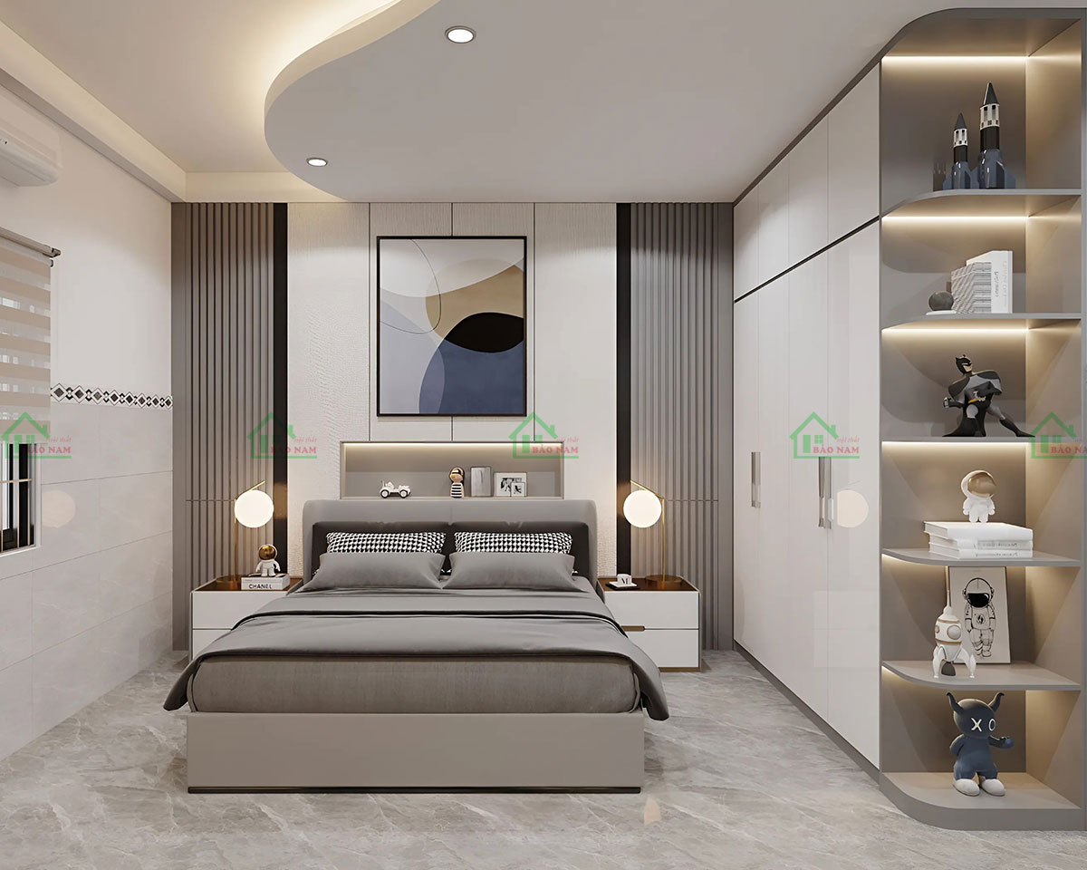 Giường thiết kế hộp kiểu nhật hiện đại, được bọc vải êm ái với tông màu xám đơn giản nhưng không kém phần sang trọng