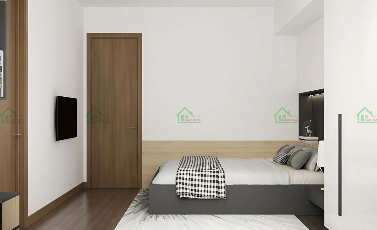Phòng ngủ PN45 được thiết kế theo phong cách hiện đại với bố cục đơn giản, tập trung vào những món đồ nội thất chủ chốt và hạn chế những chi tiết rườm rà.