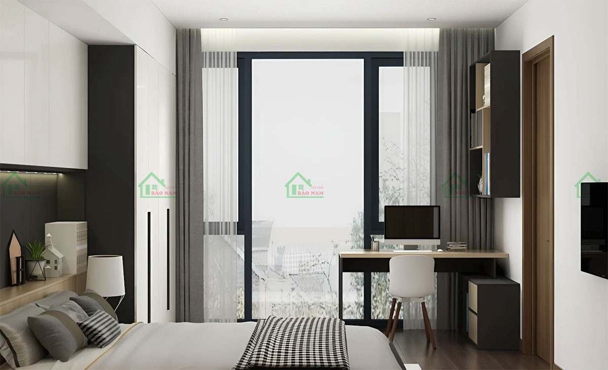 Phòng ngủ PN45 chủ yếu sử dụng các gam màu trung tính như trắng, be, xám với một vài điểm nhấn bằng màu ấm như nâu, đen, tạo cảm giác ấm áp và dễ chịu.