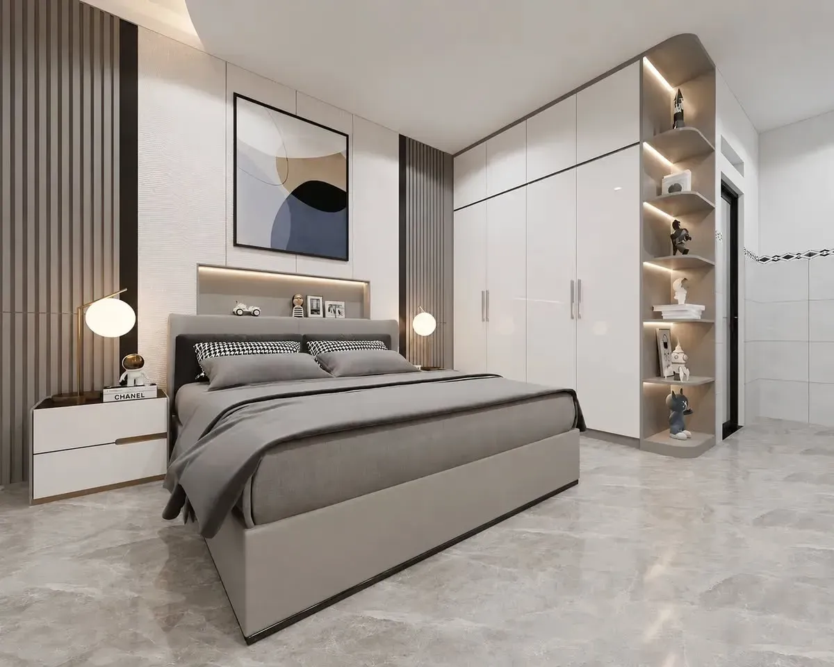 Mẫu nội thất phòng ngủ hiện đại được bố trí đồng bộ giữa giường ngủ, tủ quần áo và bàn trang điểm