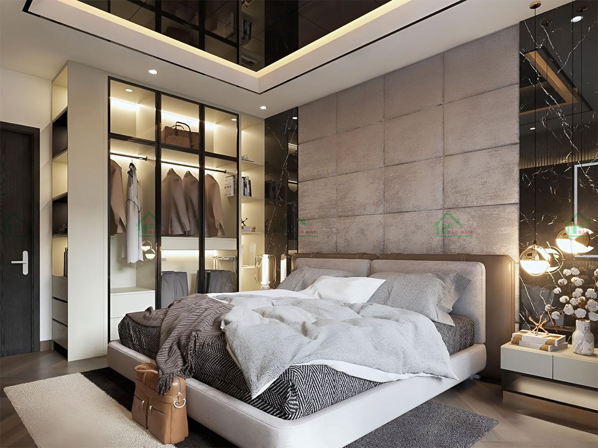 Vách đầu giường được thiết kế độc đáo với họa tiết và tông màu tương phản, tạo điểm nhấn nổi bật.
