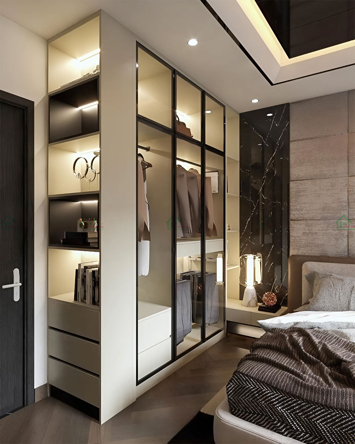 Tủ quần áo cánh kính được thiết kế liền mạch với không gian, mang lại cảm giác rộng rãi và tối ưu hóa không gian lưu trữ.