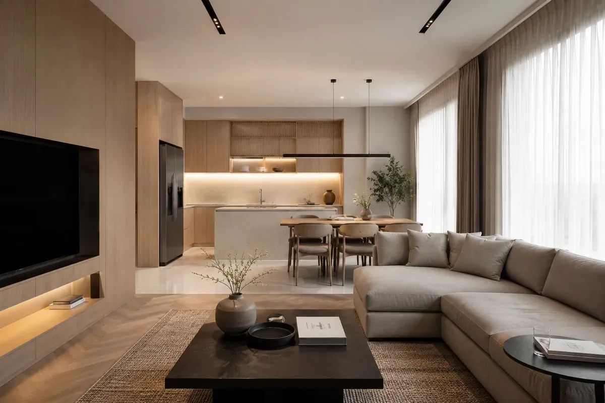 Sự kết hợp giữa màu sắc, vật liệu và ánh sáng tạo nên tổng thể nội thất cân đối.