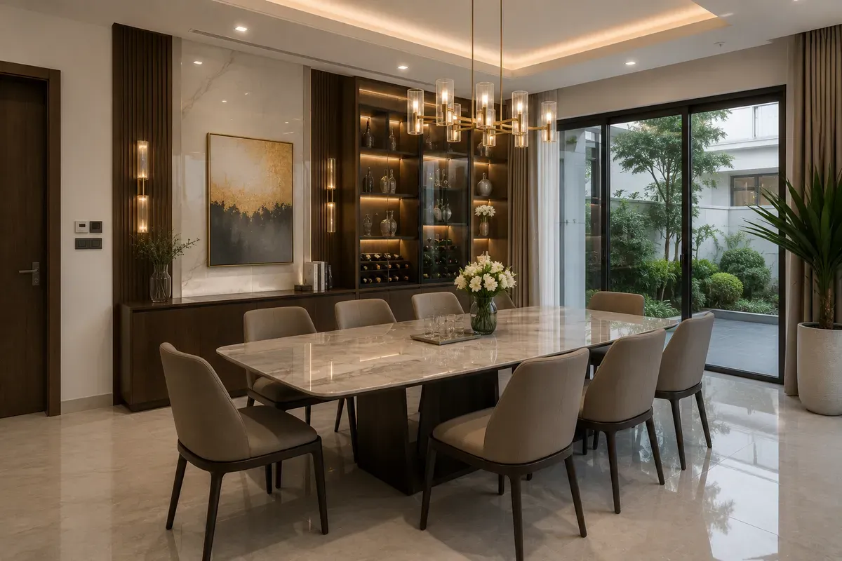 Không gian phòng ăn biệt thự kết nối với khu vực sinh hoạt chung
