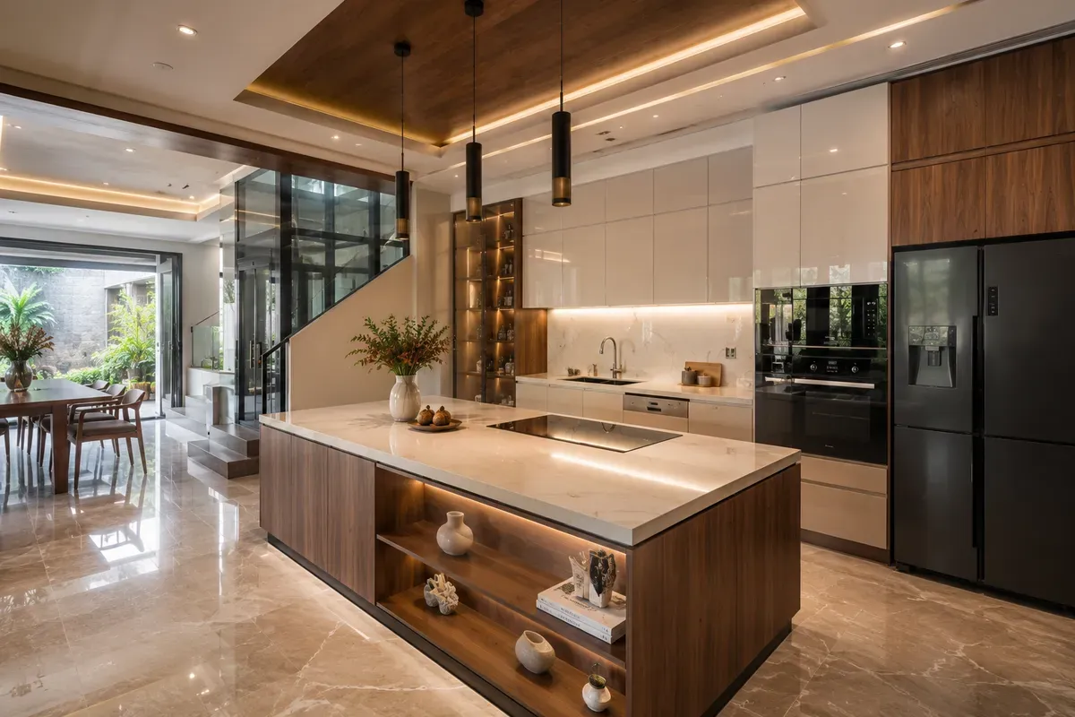 Không gian bếp biệt thự với thiết kế tiện nghi và sang trọng