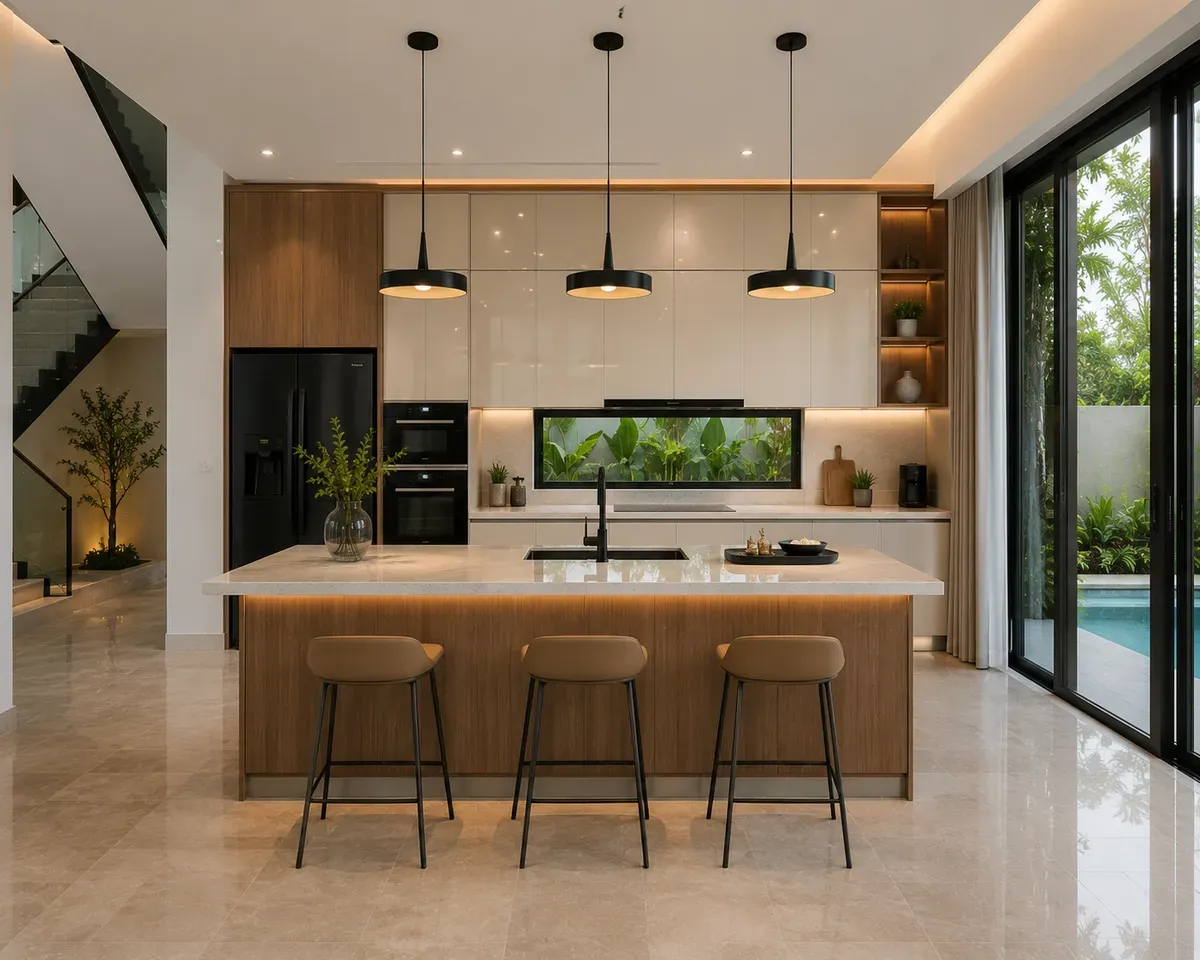 Phòng bếp hiện đại với đảo bếp và hệ tủ kịch trần.