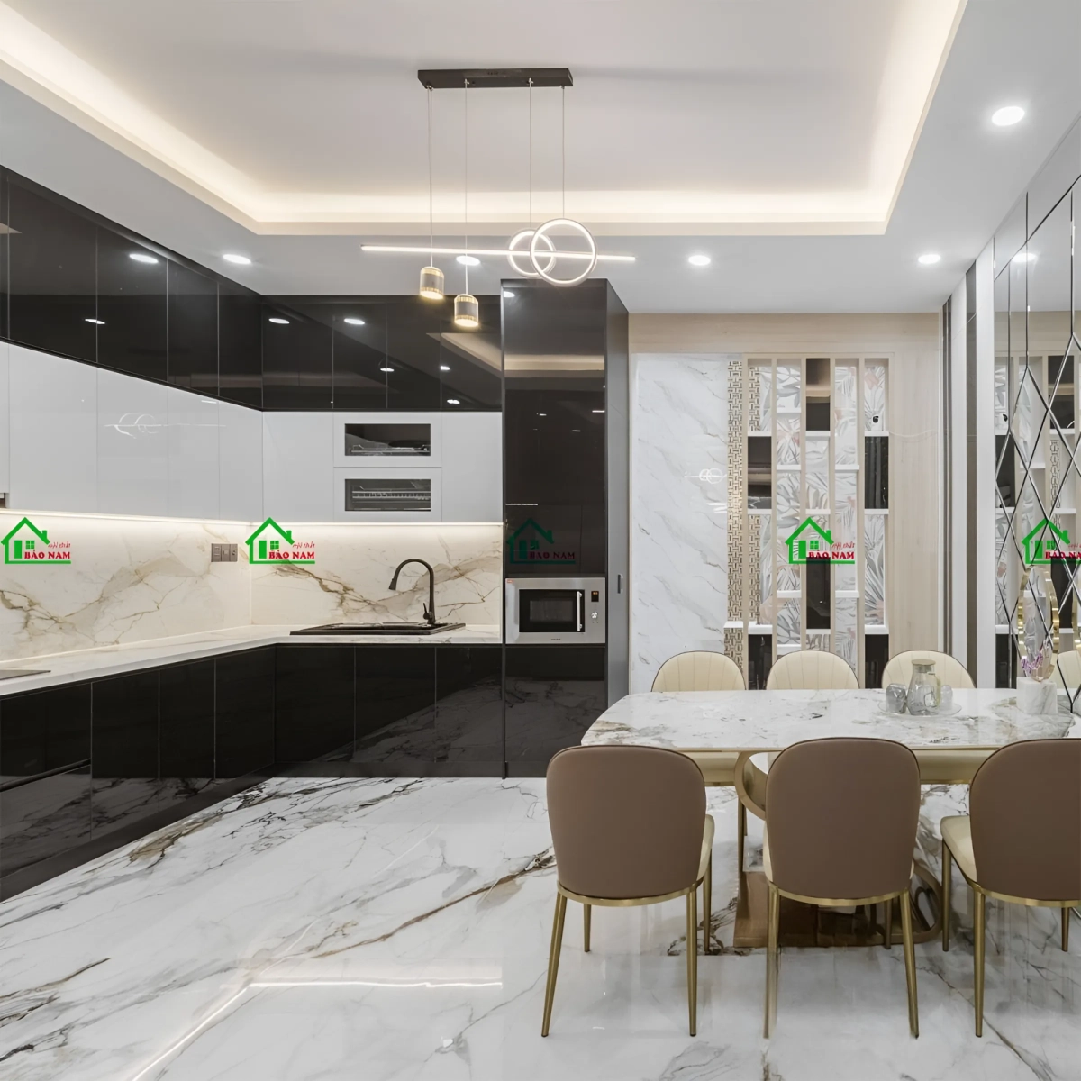 Mẫu tủ bếp đẹp chữ L với gam màu trắng, đen