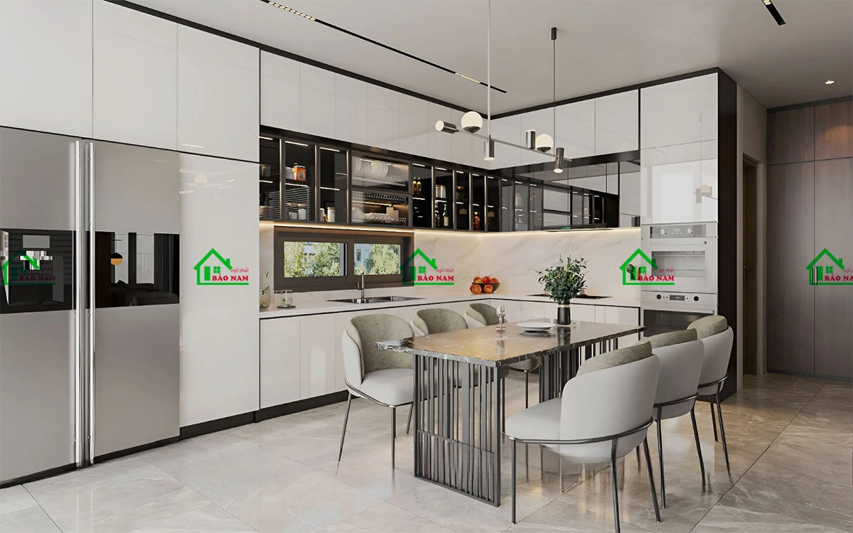 Thiết kế mẫu tủ bếp acrylic bóng gương, hiện đại sang trọng