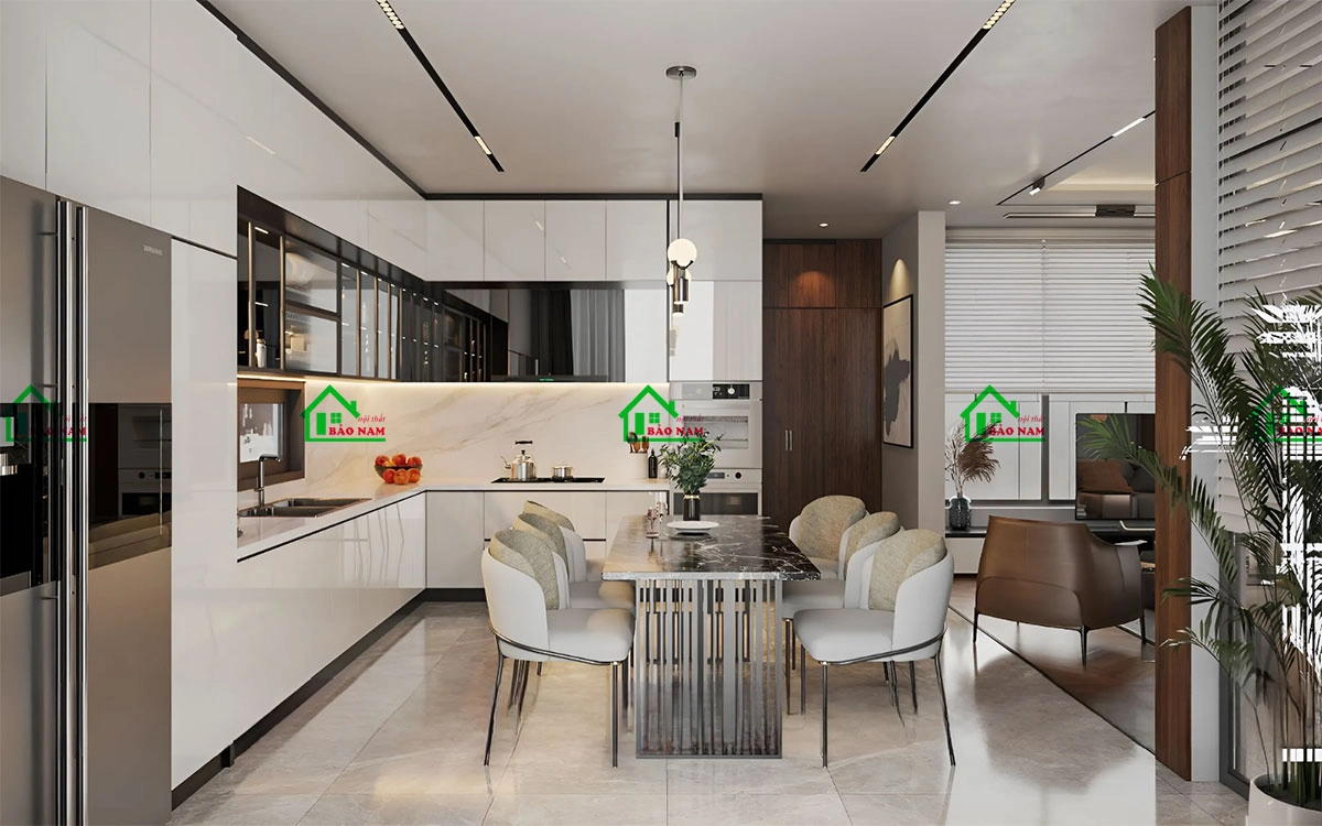 Thiết kế mẫu tủ bếp acrylic bóng gương, hiện đại sang trọng