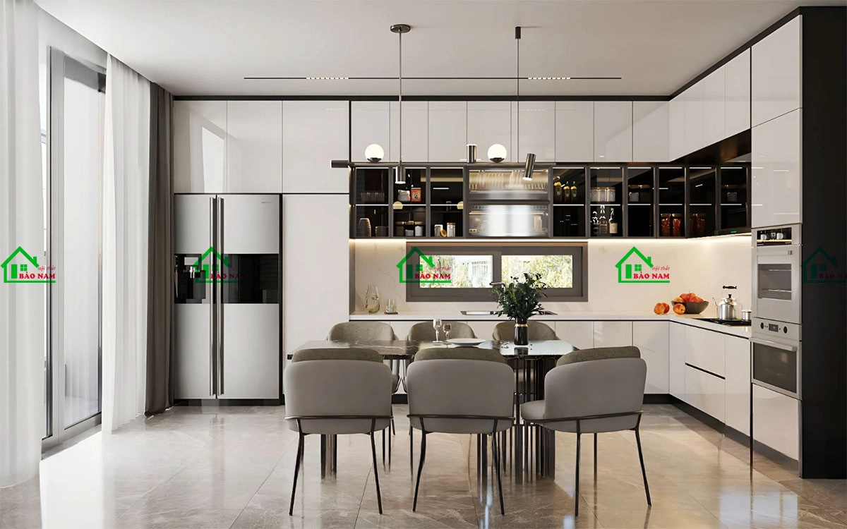 Thiết kế mẫu tủ bếp acrylic bóng gương, hiện đại sang trọng