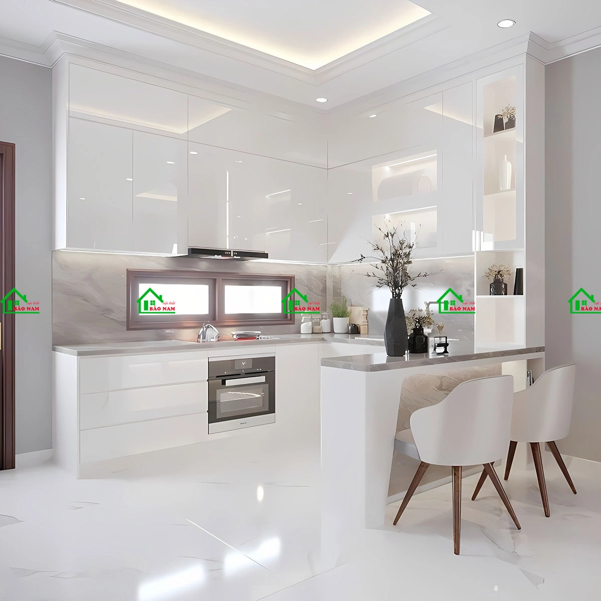 Mẫu tủ bếp màu trắng acrylic cao cấp