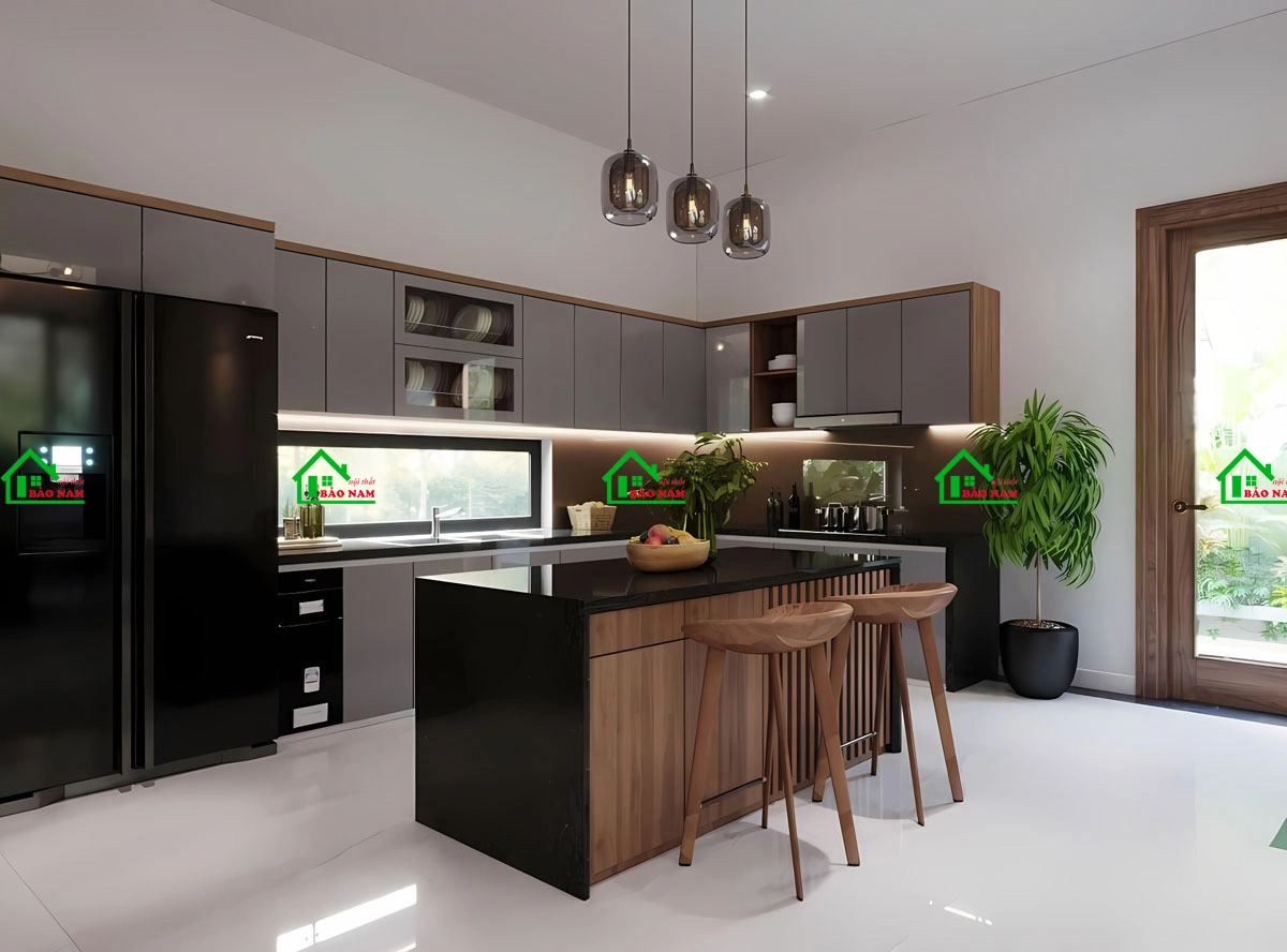 Mẫu tủ bếp vân gỗ phối xám cho nhà phố đương đại