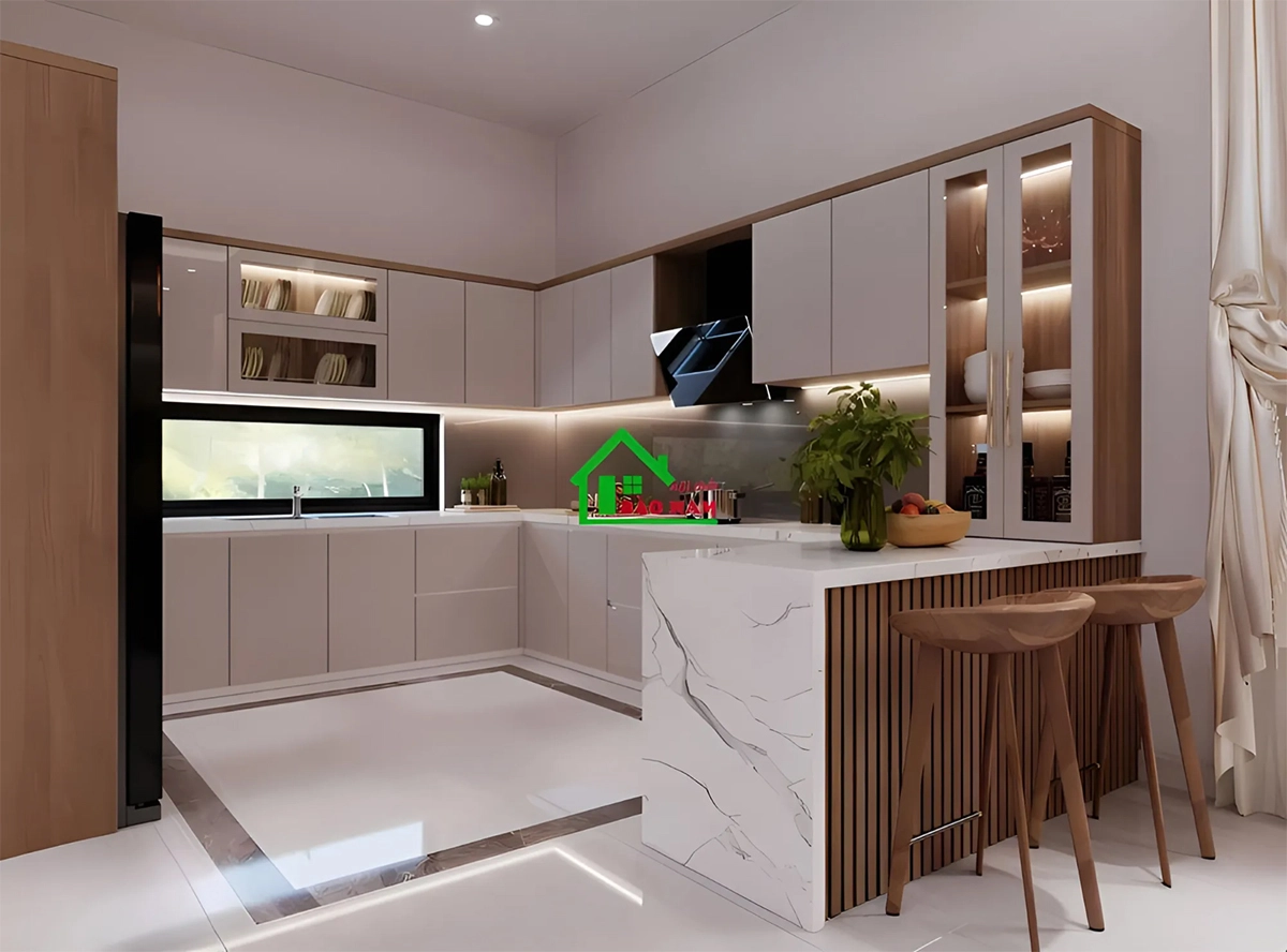 Tủ bếp có bàn đảo tiện ích, tiết kiệm không gian