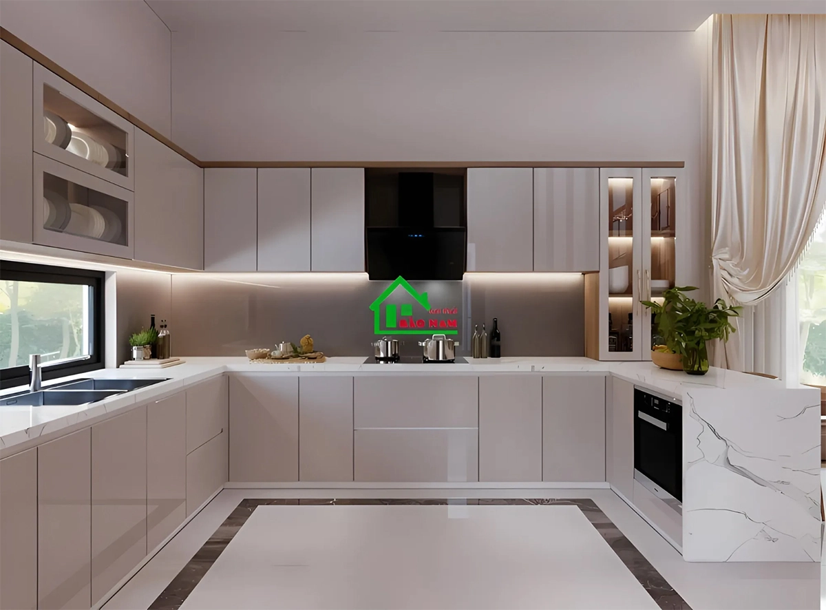 Tủ bếp có bàn đảo tiện ích, tiết kiệm không gian