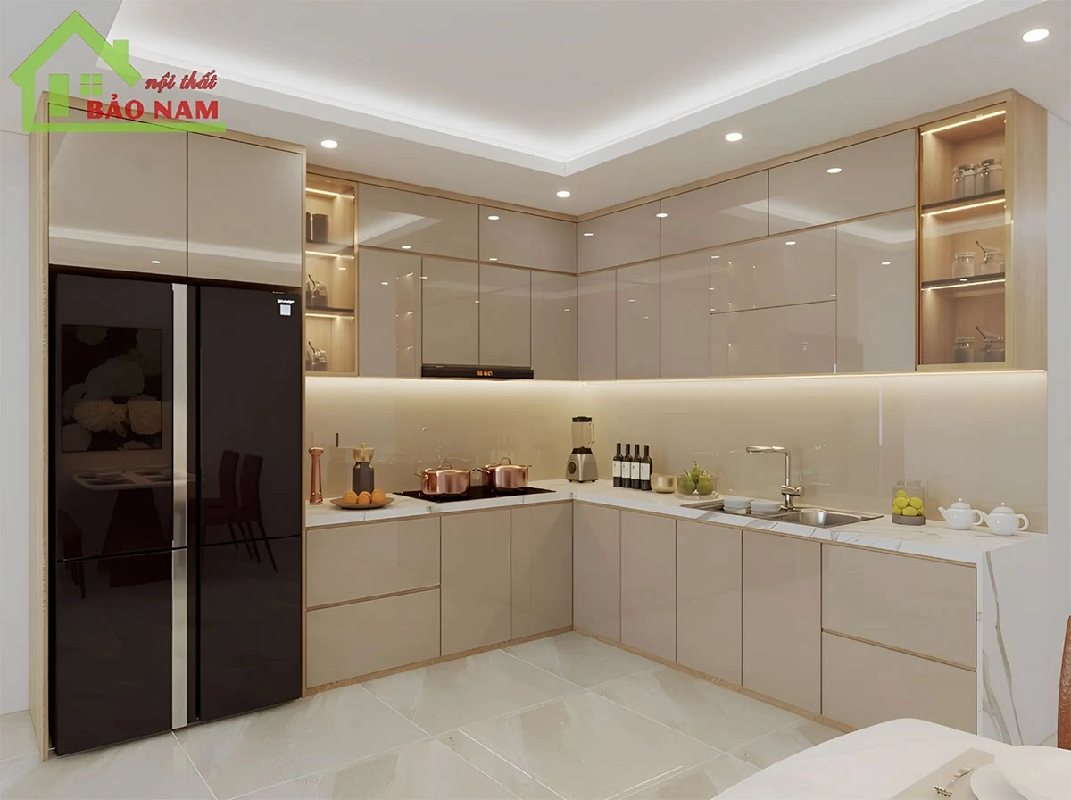 Mẫu tủ bếp acrylic chữ L màu kem sang trọng