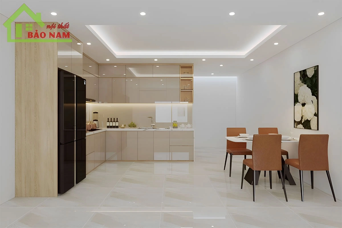 Mẫu tủ bếp acrylic chữ L màu kem sang trọng