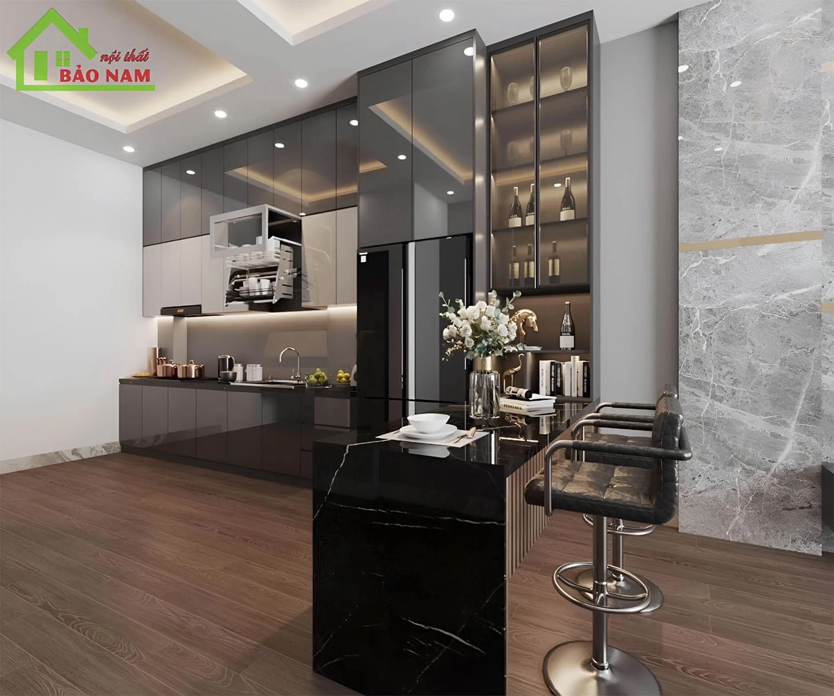 Mẫu tủ bếp chữ I màu xám đẹp