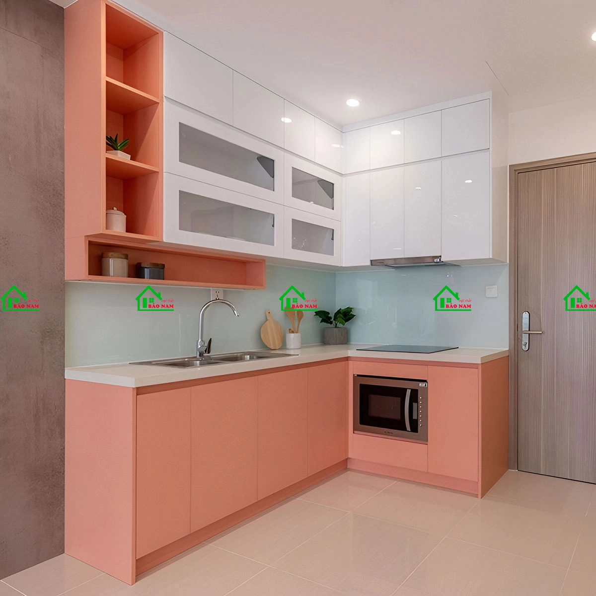 Tủ bếp màu cam kết hợp cùng màu trắng nhẹ nhàng, đơn giản, hiện đại.