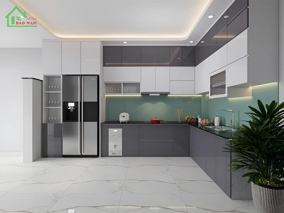 Mẫu tủ bếp acrylic bóng gương xám và trắng chữ L hiện đại
