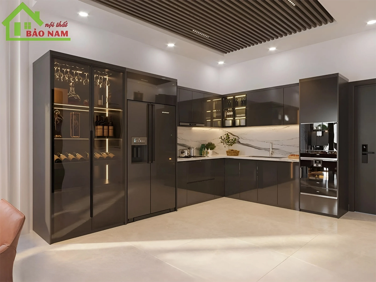 Thiết kế tủ bếp liền tủ rượu cho nhà phố sang trọng