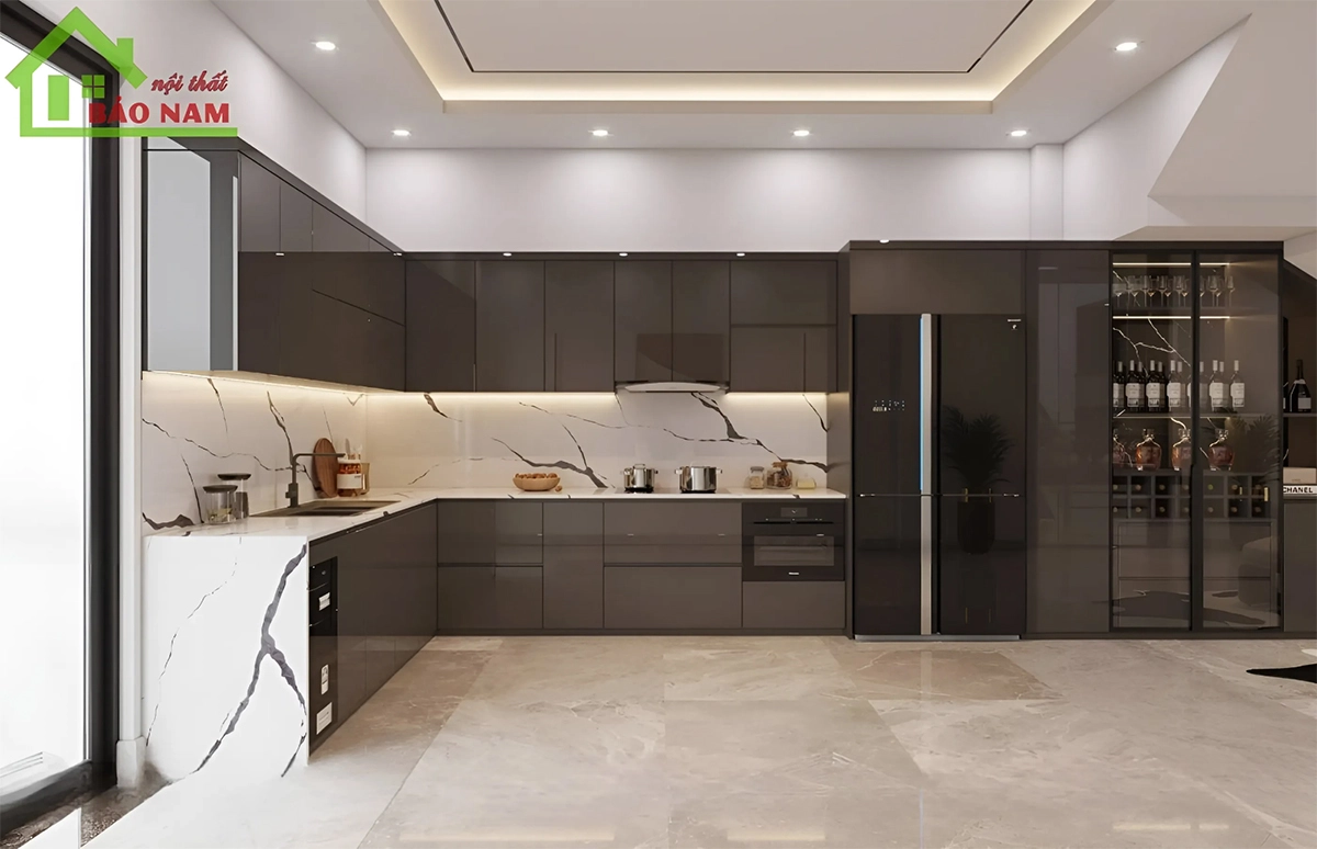 Thiết kế tủ bếp liền tủ rượu cho nhà phố sang trọng