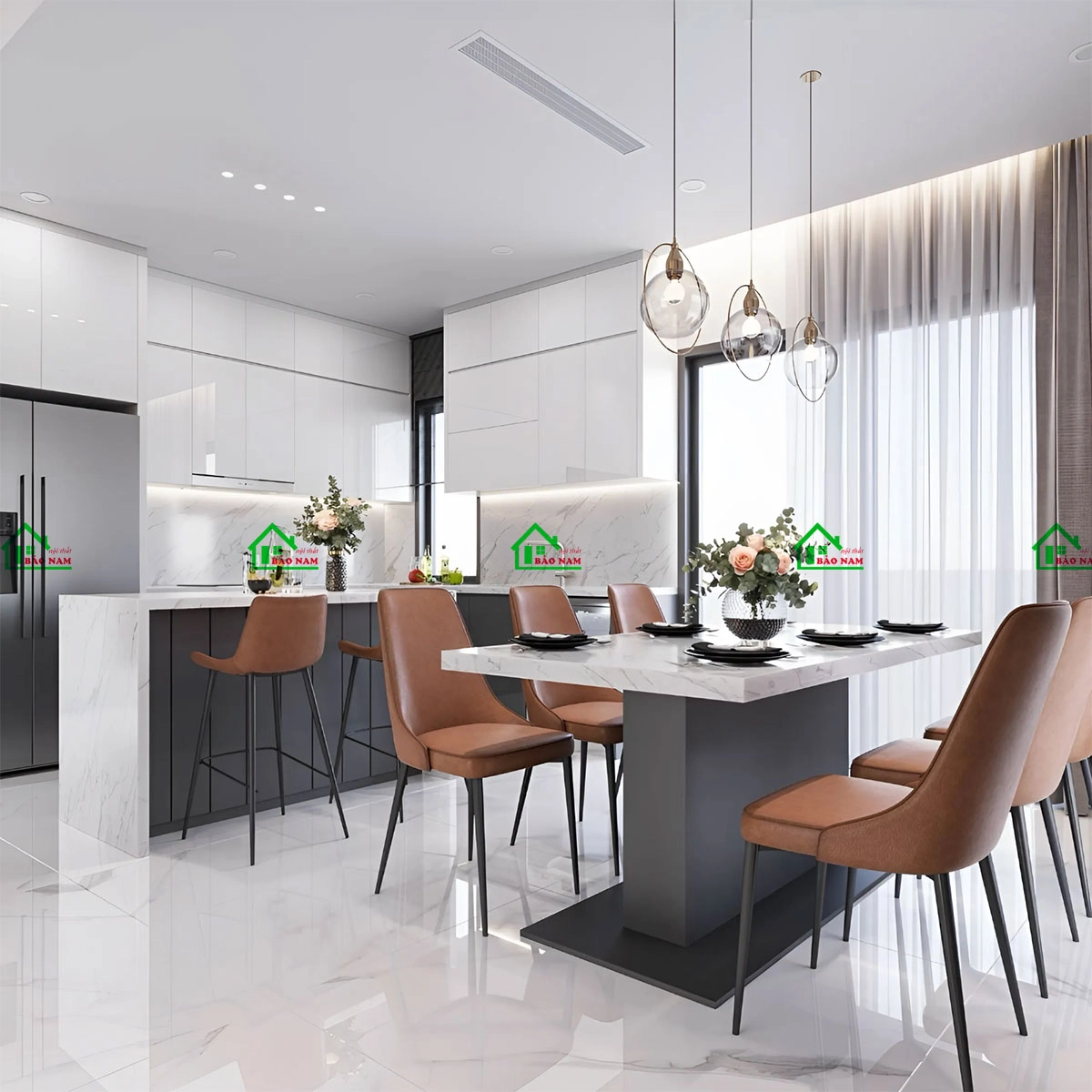 Tủ bếp màu trắng, xám ghi chất liệu Acrylic bóng gương cao cấp giá tốt