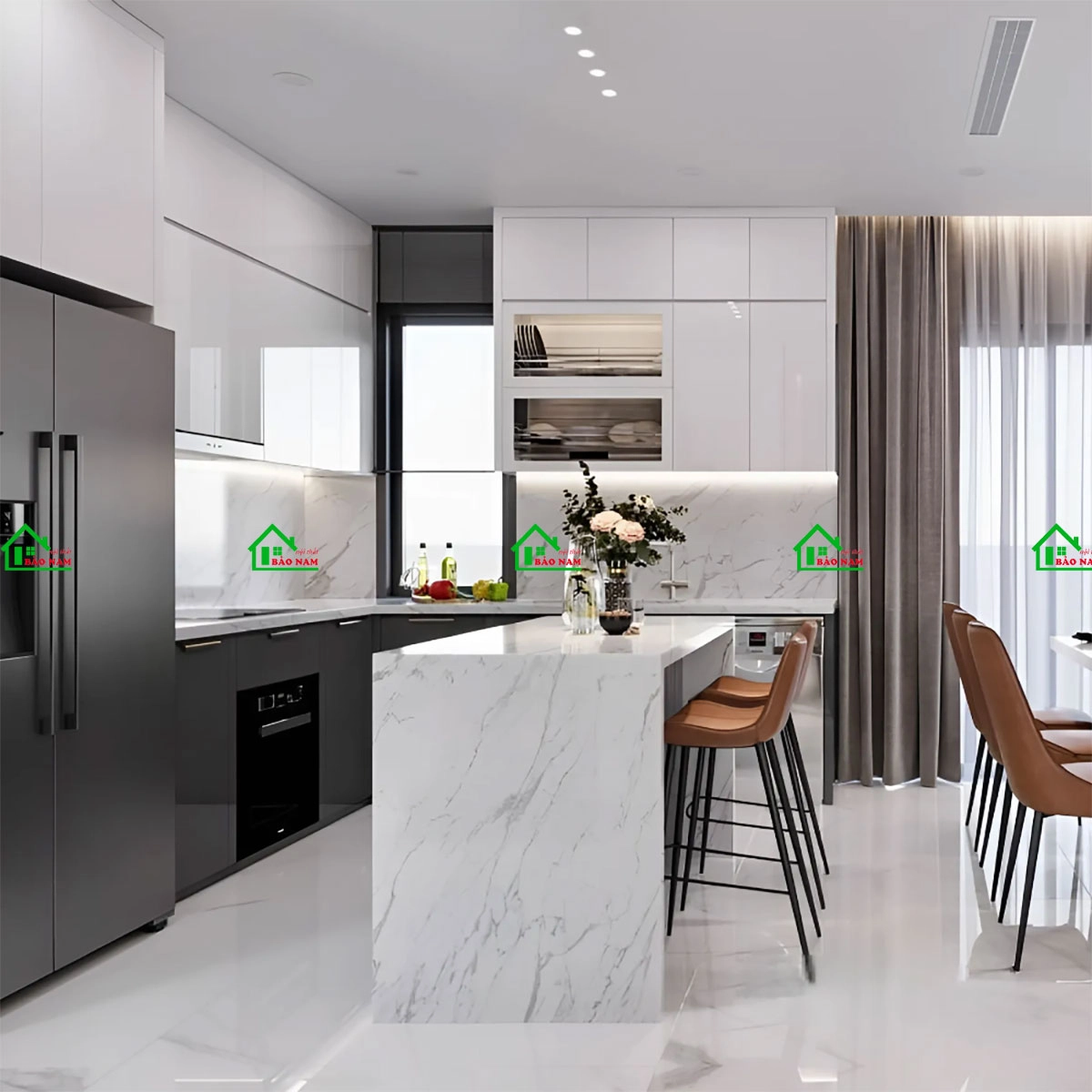 Tủ bếp màu trắng, xám ghi chất liệu Acrylic bóng gương cao cấp giá tốt