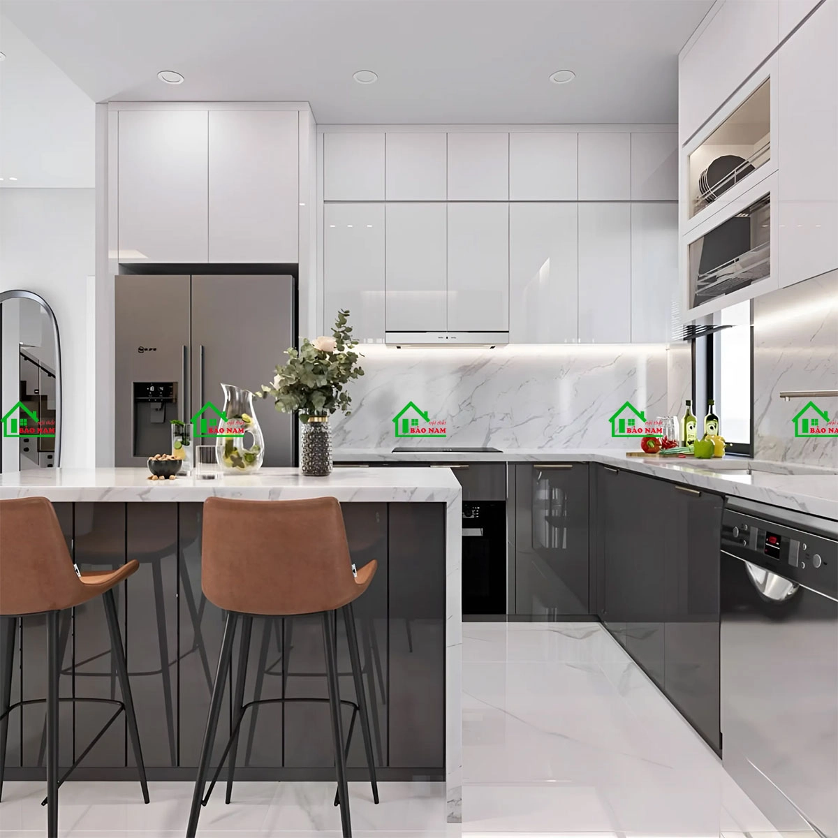 Tủ bếp màu trắng, xám ghi chất liệu Acrylic bóng gương cao cấp giá tốt