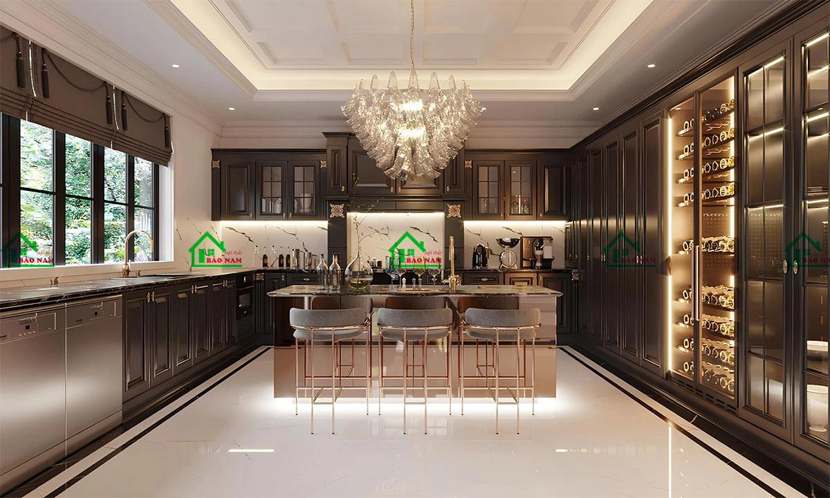 Mẫu tủ bếp Indochine gỗ tự nhiên sang trọng