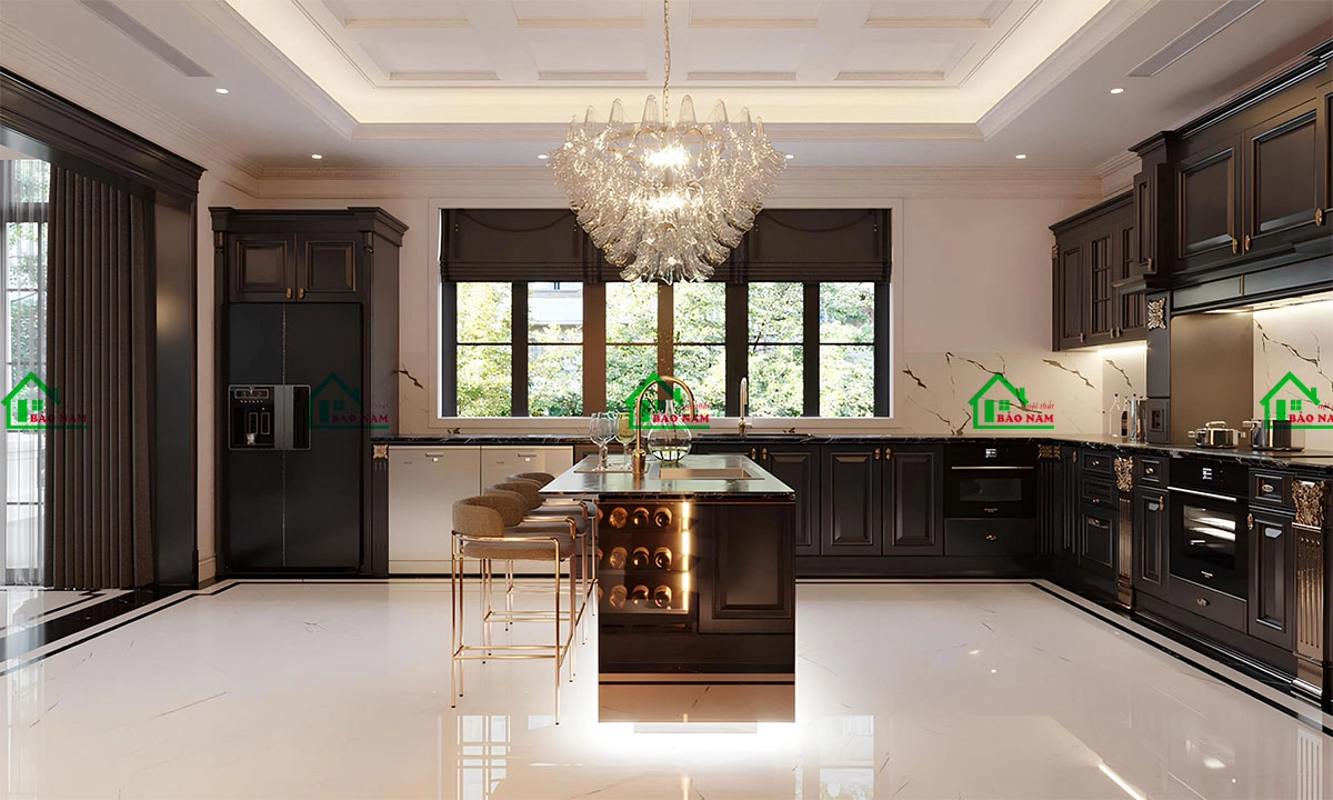 Mẫu tủ bếp Indochine gỗ tự nhiên sang trọng