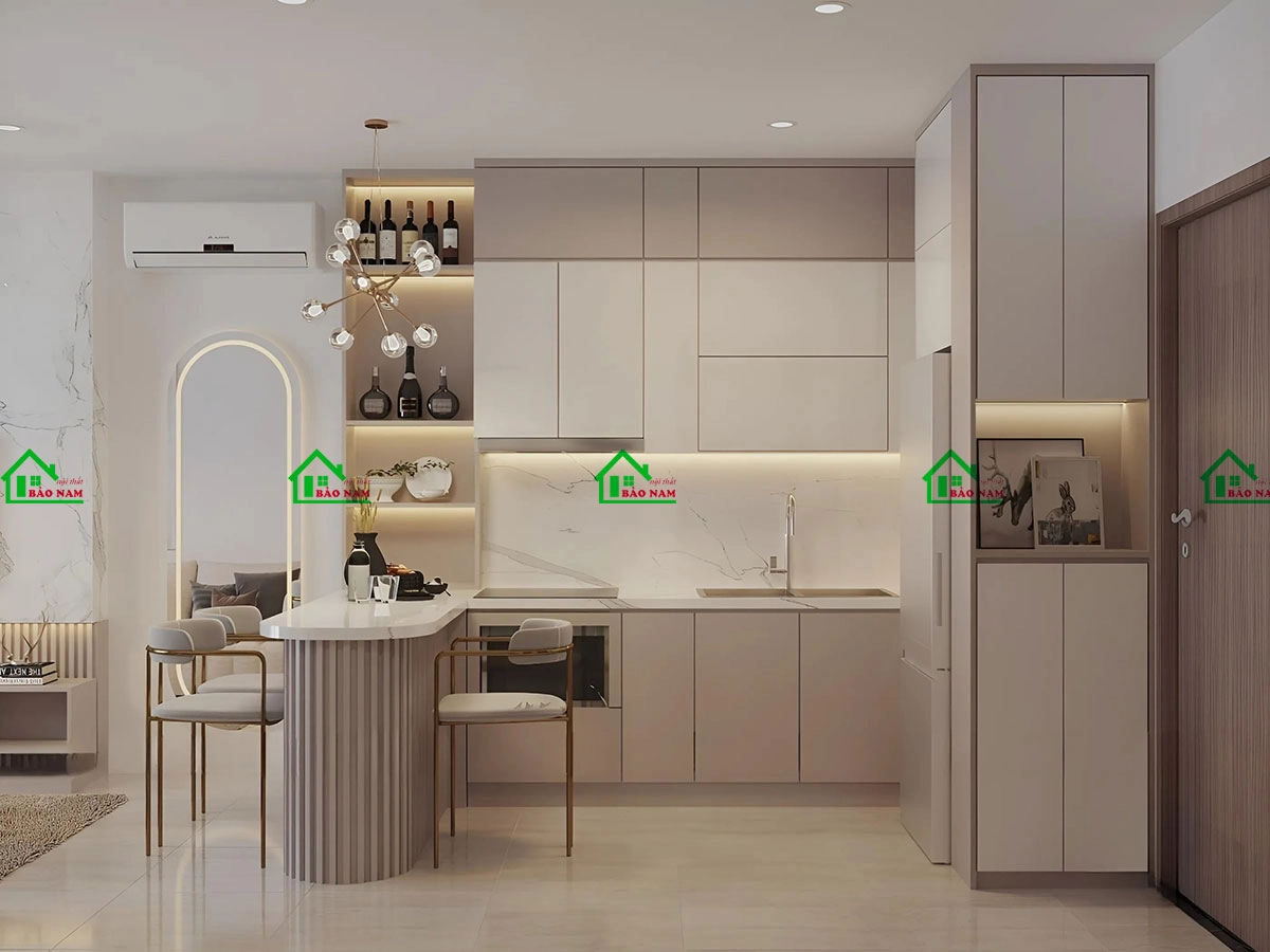 Mẫu tủ bếp kết hợp tủ giày và quầy bar chung cư diện tích nhỏ