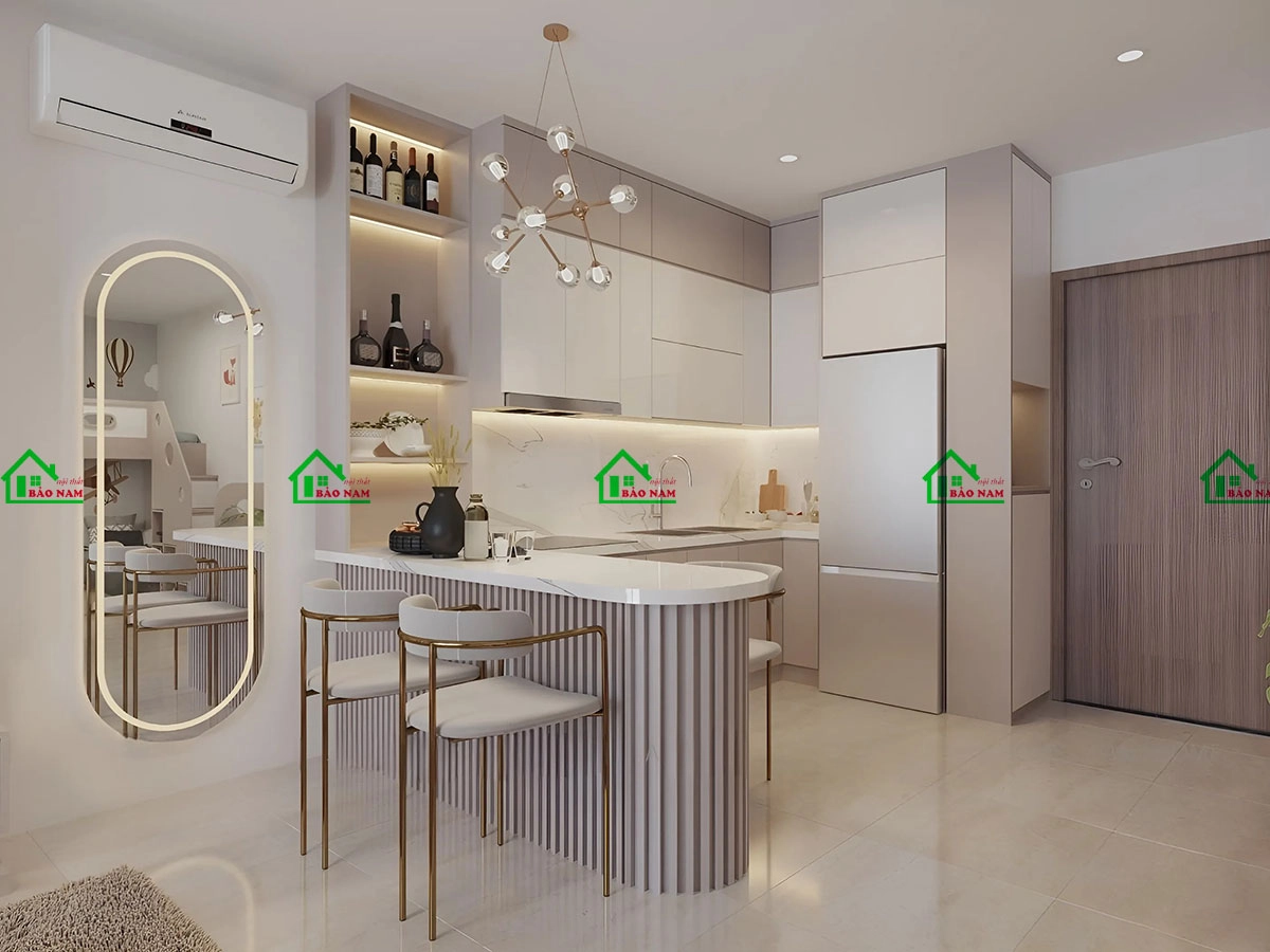 Mẫu tủ bếp kết hợp tủ giày và quầy bar chung cư diện tích nhỏ