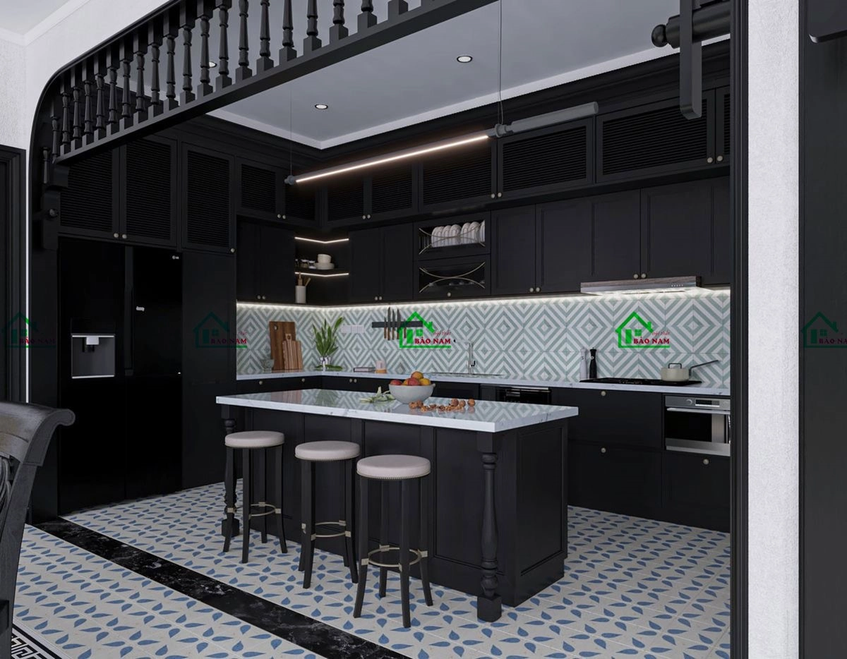 Nội thất phòng bếp Indochine độc đáo với tủ bếp và bàn đảo