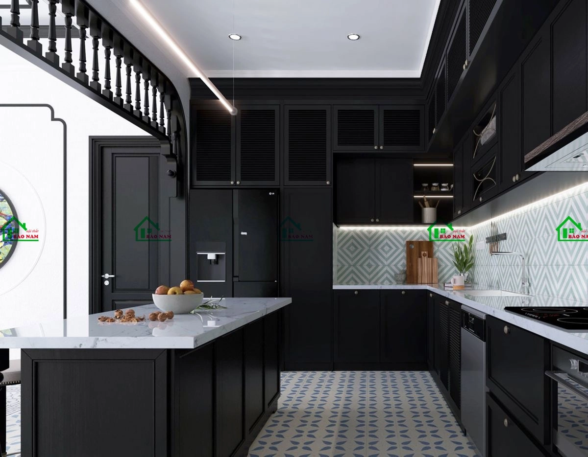 Nội thất phòng bếp Indochine độc đáo với tủ bếp và bàn đảo