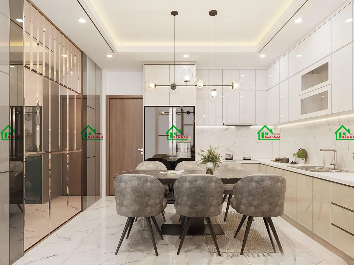 Mẫu tủ bếp kịch trần acrylic bóng gương màu trắng phối be sang trọng