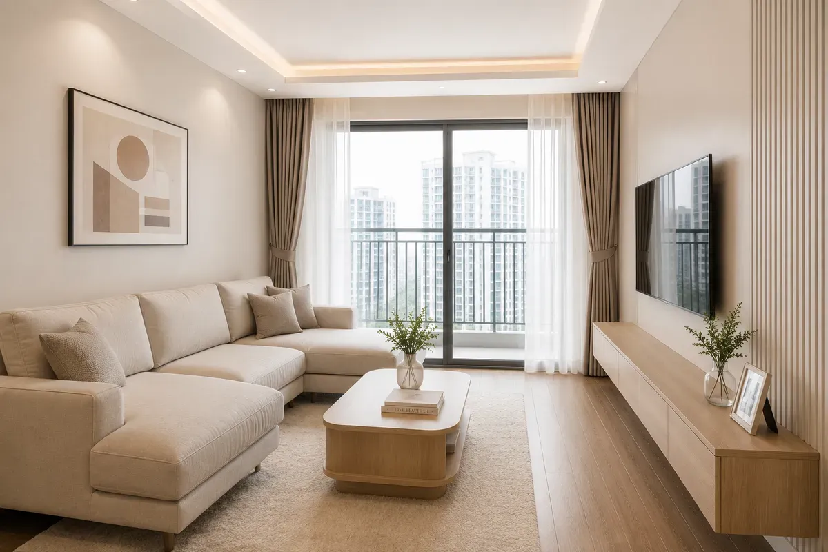Phòng khách chung cư hiện đại với gam màu be nhẹ nhàng, tạo cảm giác ấm áp và tinh tế.