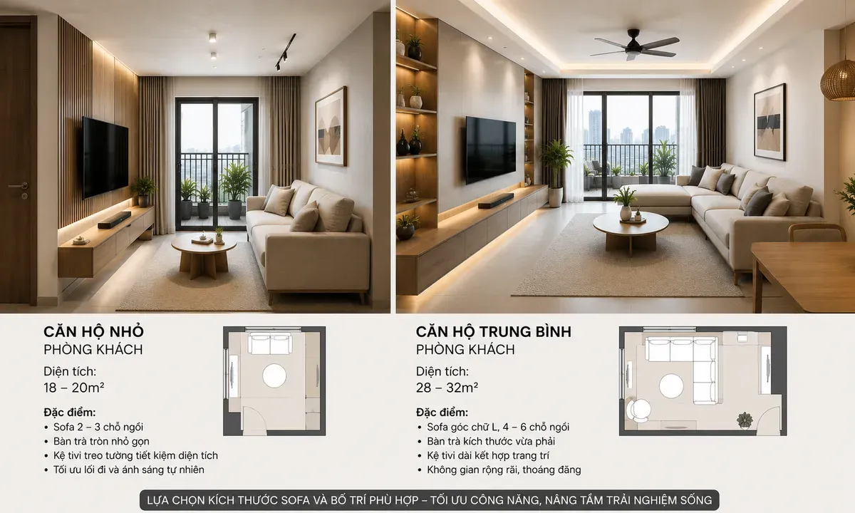 Thiết kế phòng khách thay đổi theo diện tích giúp tối ưu công năng sử dụng