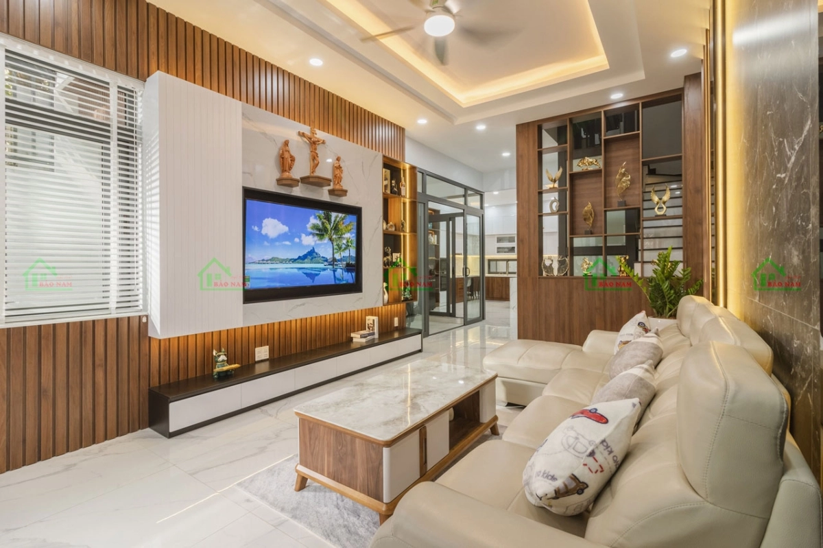 Thiết kế nội thất phòng khách gần gũi với thiên nhiên
