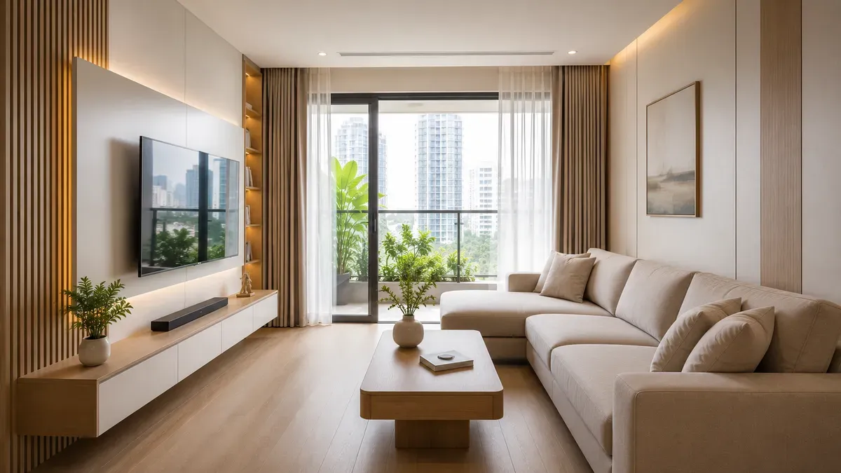 Mẫu phòng khách hiện đại kết hợp hài hòa giữa nội thất, ánh sáng và màu sắc.