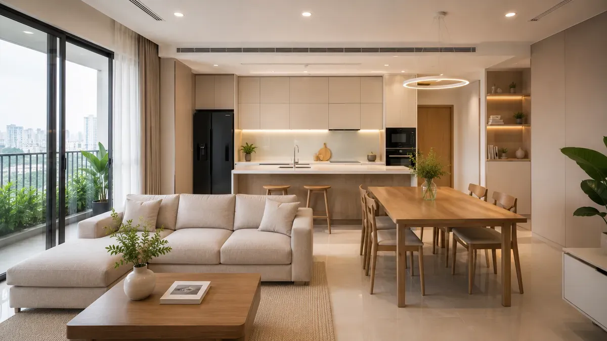 Không gian phòng khách liên kết bếp giúp tối ưu diện tích và tạo sự kết nối trong căn hộ.