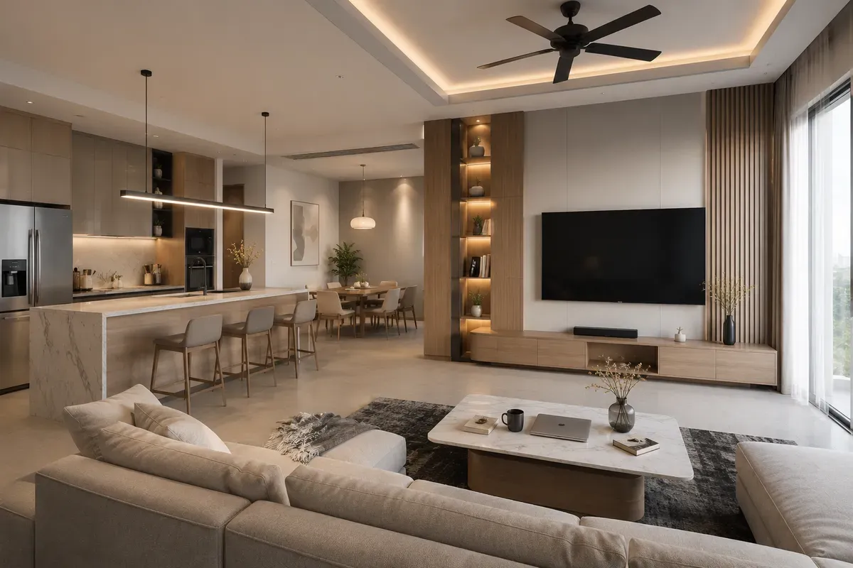 Không gian mở giúp phòng khách và bếp kết nối liền mạch, tối ưu diện tích căn hộ