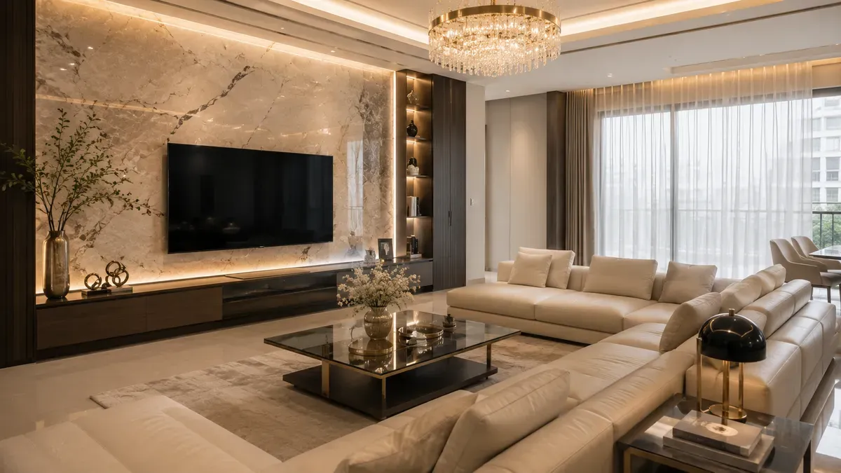 Đá vân tạo điểm nhấn sang trọng cho phòng khách Luxury hiện đại.