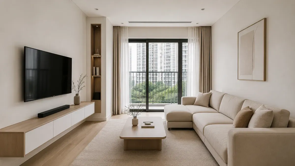 Phòng khách Minimalism với gam màu trung tính tạo cảm giác nhẹ nhàng và tinh tế.