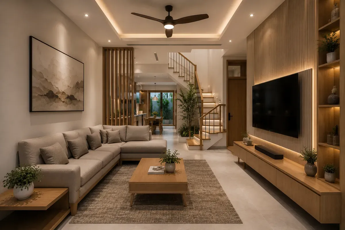Phòng khách nhà phố hiện đại với bố cục tối ưu và nội thất đồng bộ.