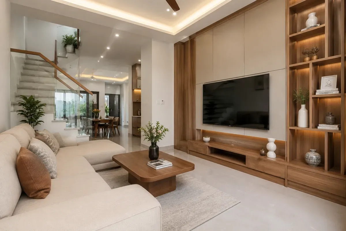 Không gian phòng khách nhà phố hiện đại với thiết kế mở.
