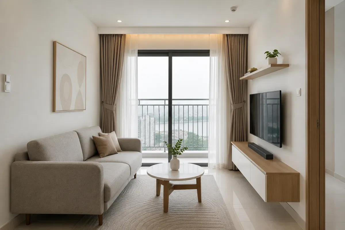 Phòng khách nhỏ hiện đại được tối ưu bằng cách lựa chọn nội thất phù hợp diện tích.