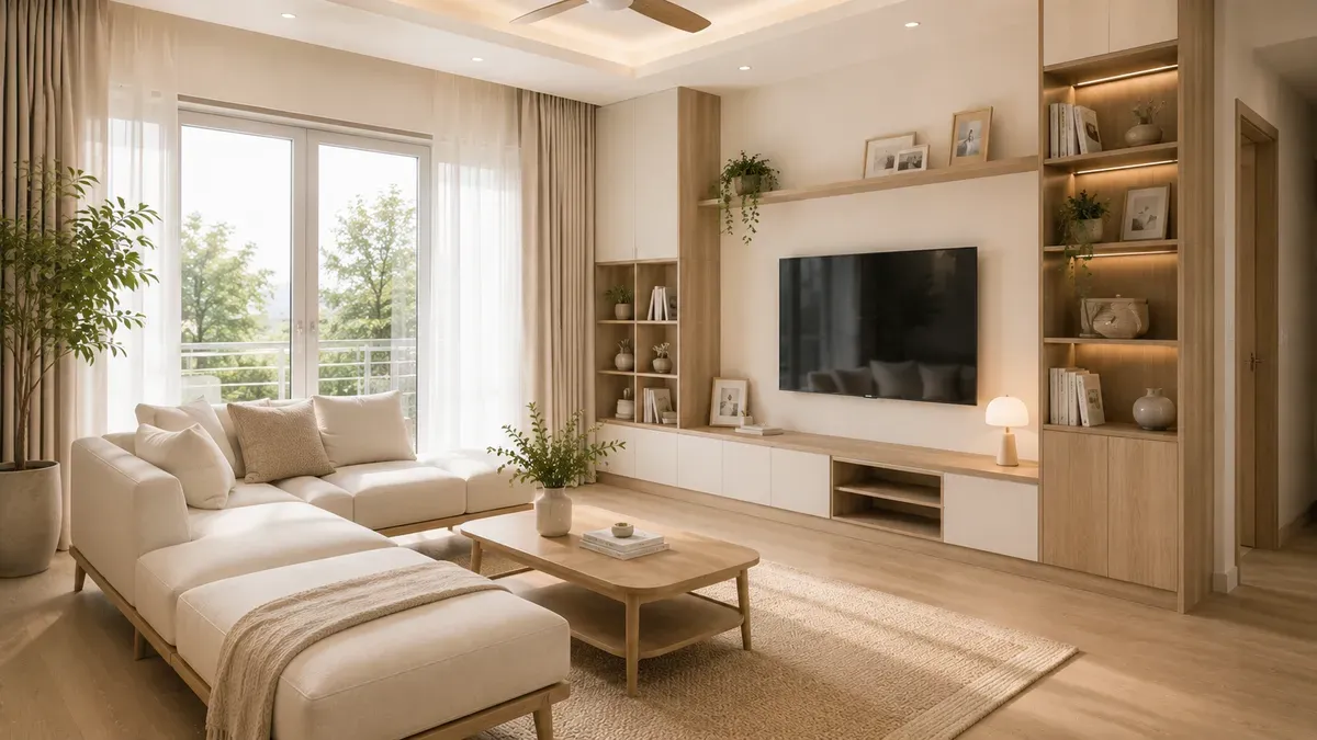 Phòng khách Scandinavian hiện đại nổi bật với màu sắc sáng và vật liệu tự nhiên.
