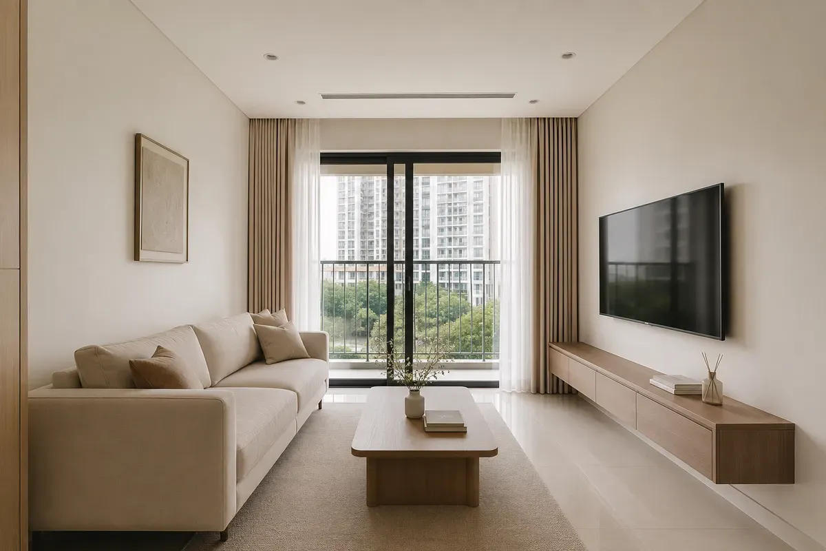 Phòng khách Minimalism sử dụng nội thất vừa đủ, tạo cảm giác rộng rãi và thoải mái.