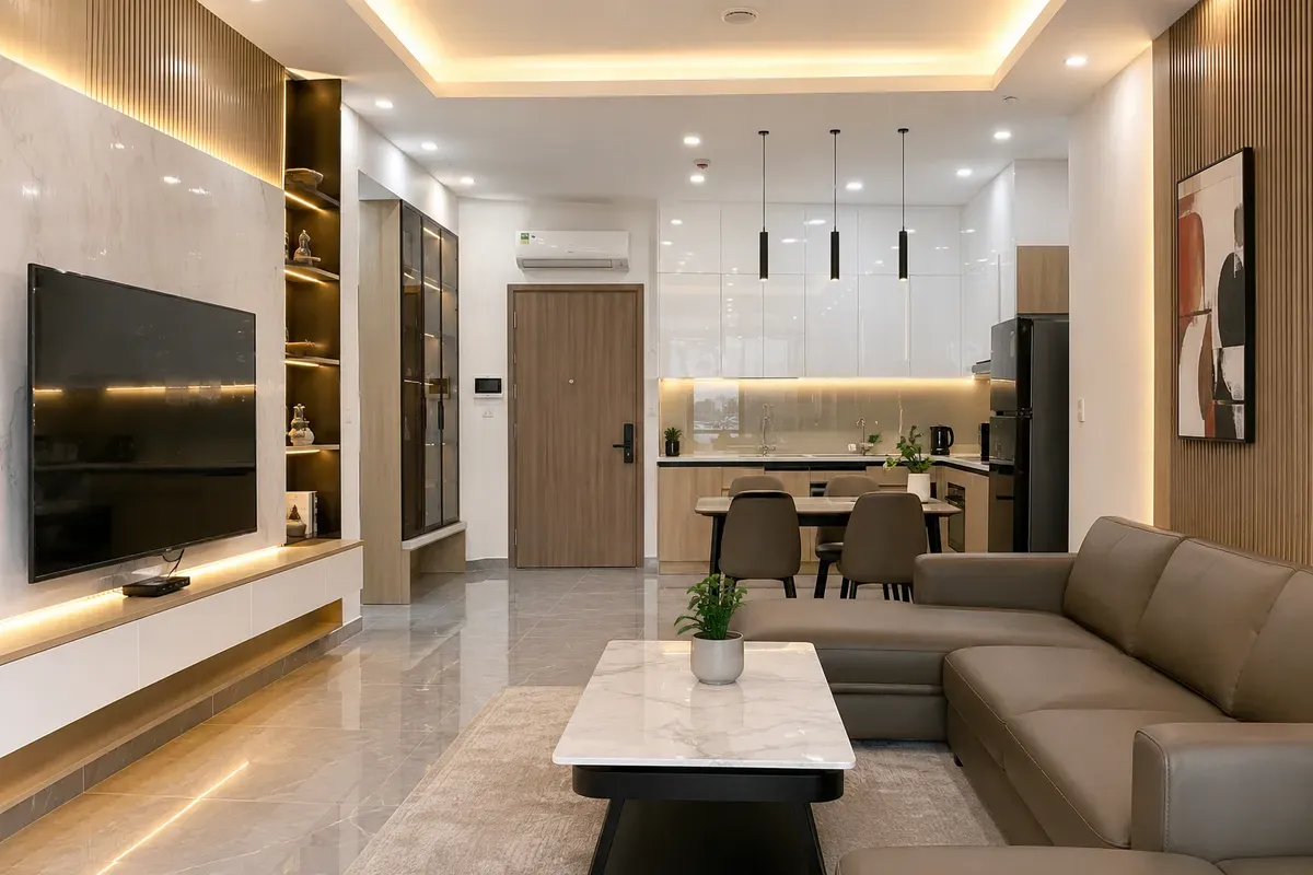 Không gian phòng khách và bếp được thi công đồng bộ trong căn hộ 2PN.