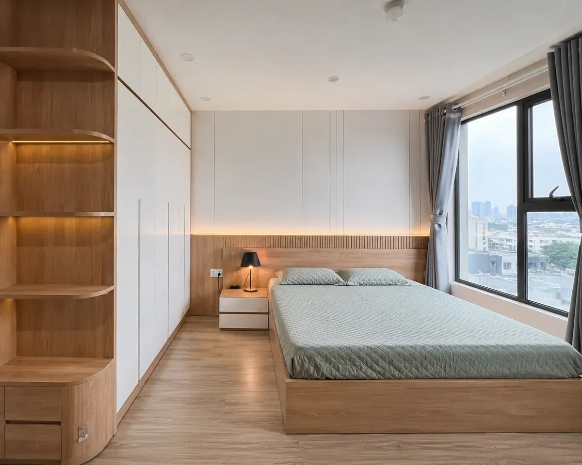 Nội thất phòng ngủ căn hộ 1PN thiết kế theo kích thước thực tế.